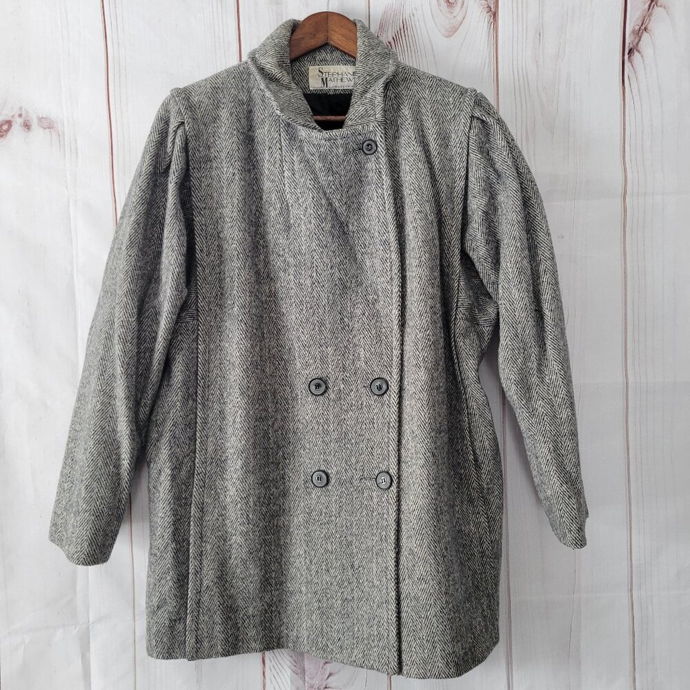 Vintage Stephanie Mathews Gray Wool Jacket Women’s L Button Double Breasted USA